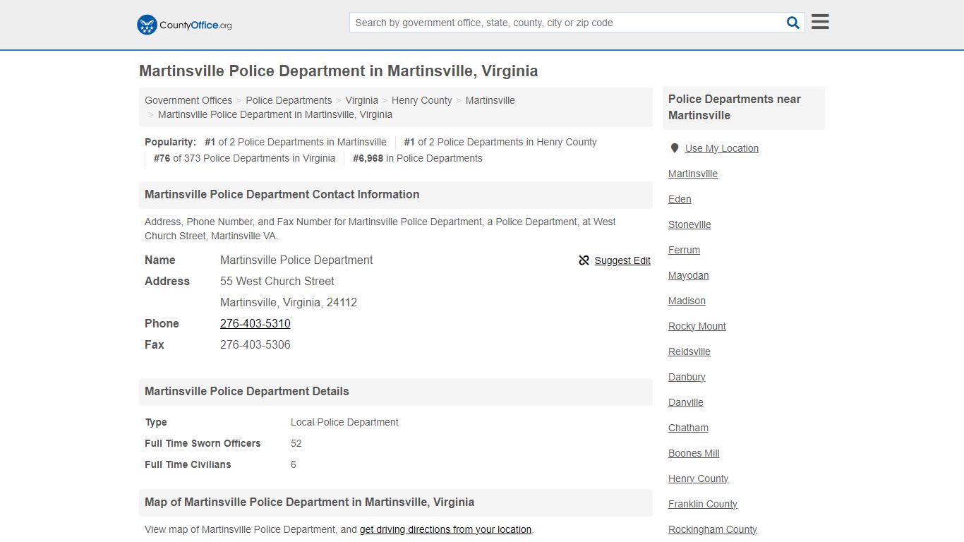 Martinsville Police Department in Martinsville, Virginia - County Office