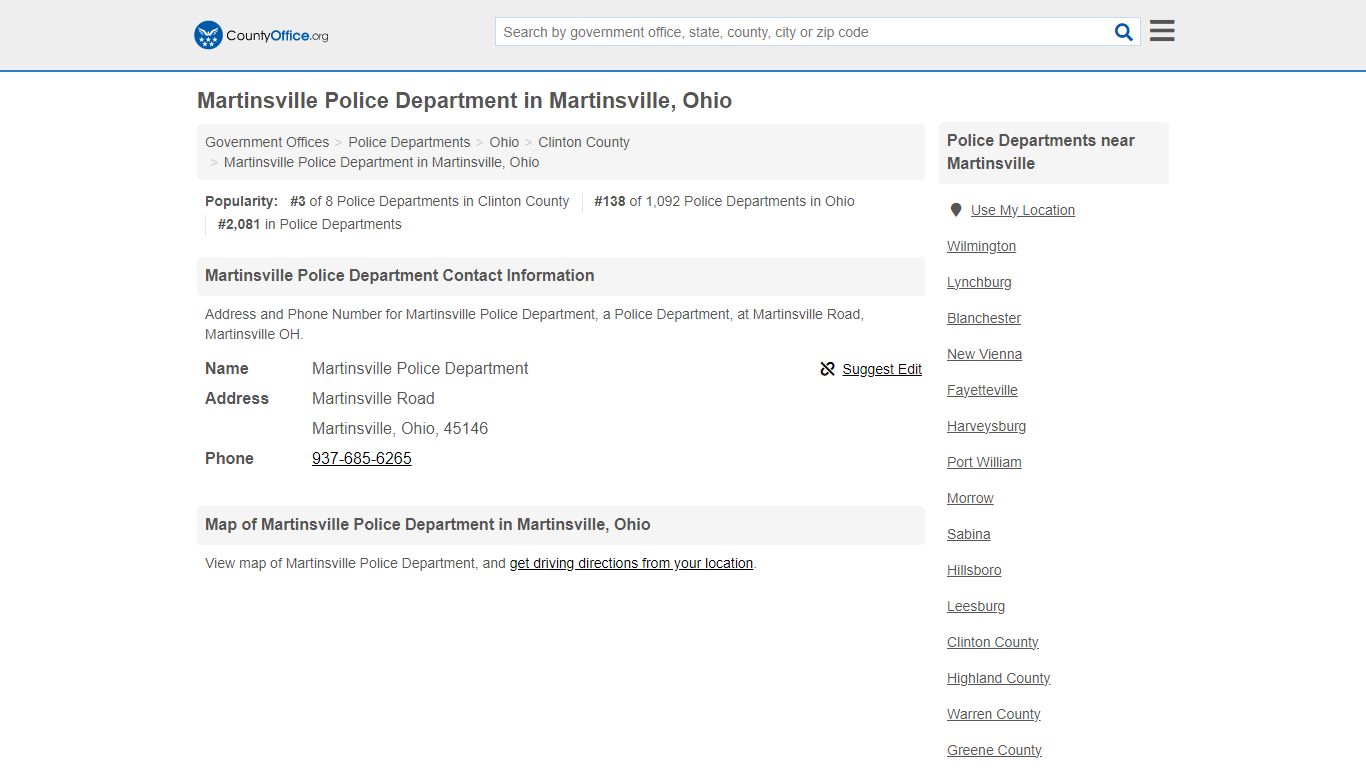 Martinsville Police Department in Martinsville, Ohio - County Office